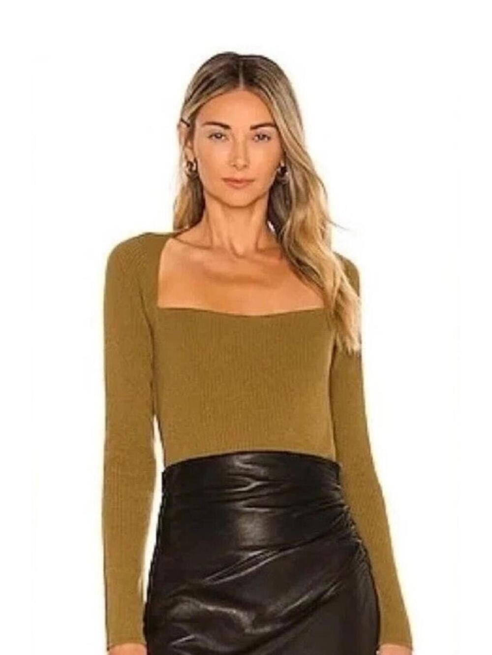 The Sei Square Neck Wool Cashmere Blend Sweater Top Small MSRP$356 Revolve Kelp